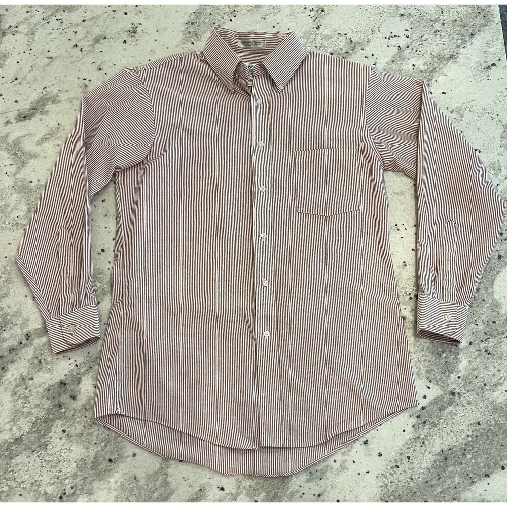Sears Roebuck VTG 80s USA Made Men Button Down 15.5 32/33 Red Brown Stripes Work
